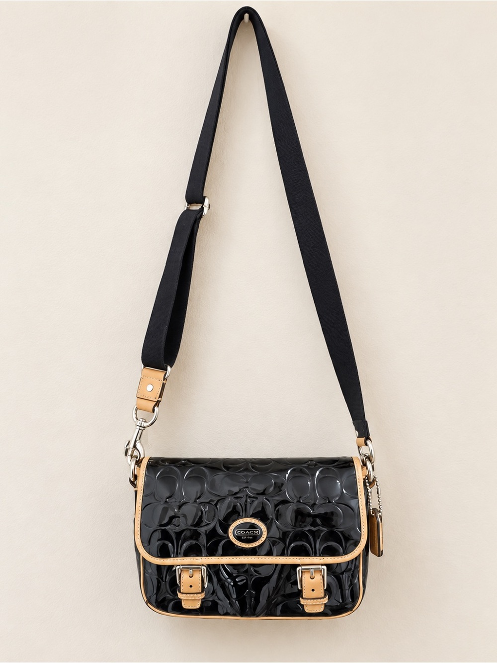 Coach Peyton Black Patent Signature Crossbody Bag Tan Trim Y2K